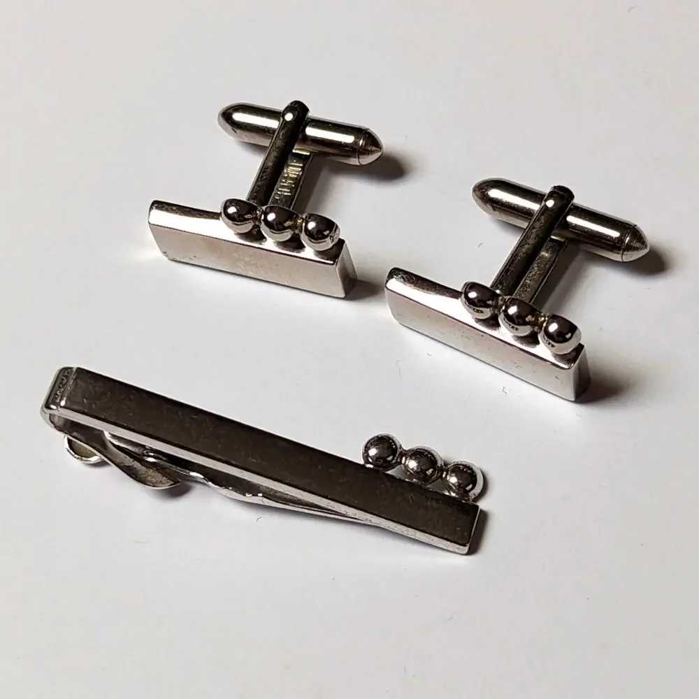 Vintage Swank Silver Tone Mod Circles Rectangular Cufflinks and Tie Clasp Set